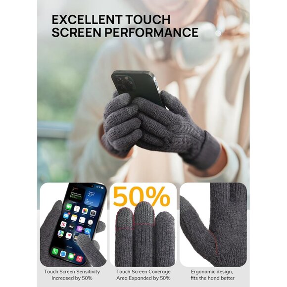 Women Gray Folding Cuffs Touchscreen Soft Skin-Friendly Jacquard Knit Warm Glove - Picture 4 of 6